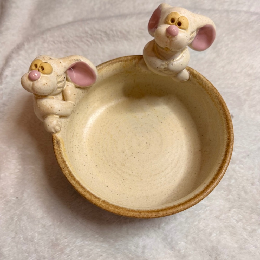 Bunny Bowl From John‎ Nishio Studio Art Pottery Collection RARE 2 bunnies SIGNED